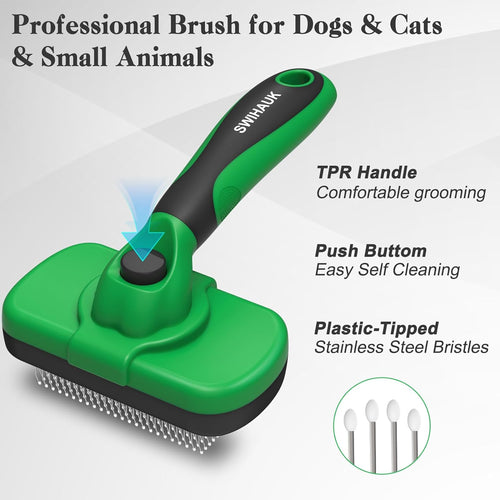 Self Cleaning Slicker Brush - Skin Friendly Deshedding Grooming Tool for Dogs & Cats, Suitable for Shedding & Haired Pets, with Pet Supplies Accessories, Green
